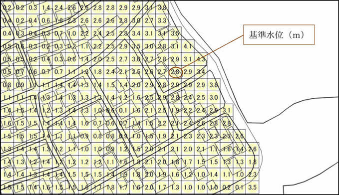 各地の津波災害警戒区域内の基準水位が示された地図。